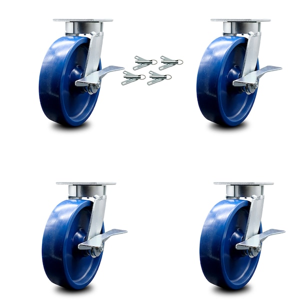 8 Inch Kingpinless Solid Poly Wheel Swivel Caster Set with Brake and Swivel Lock